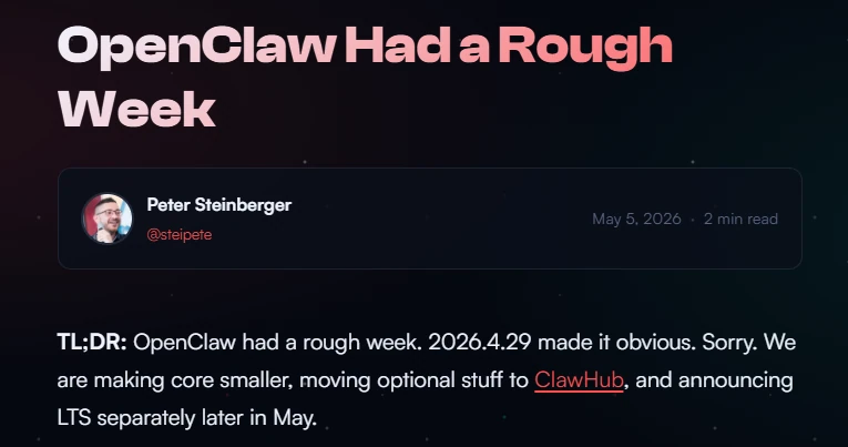 OpenClaw — il·lustració del moment 'Rough Week' on Steinberger reconeix els problemes d'estabilitat del projecte